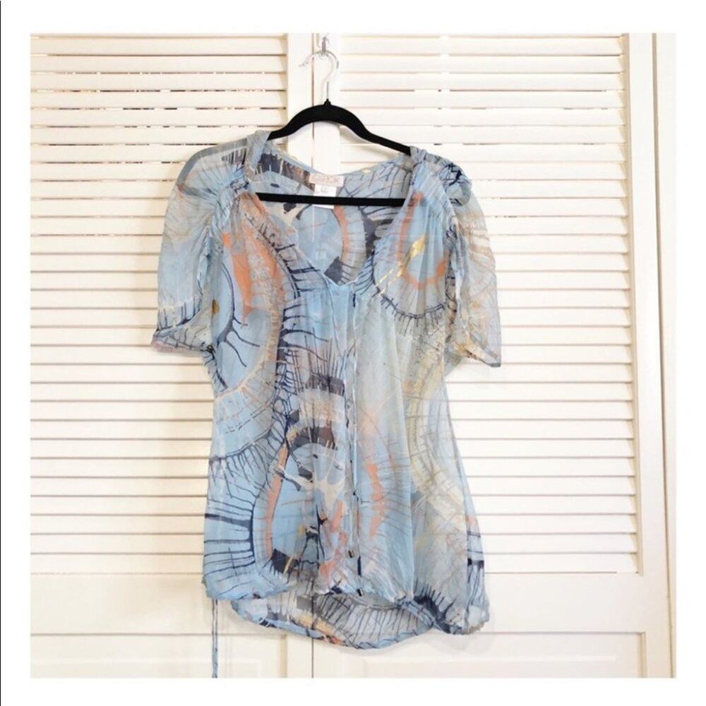 La Rok Blue Silk Sheer Hooded Blouse